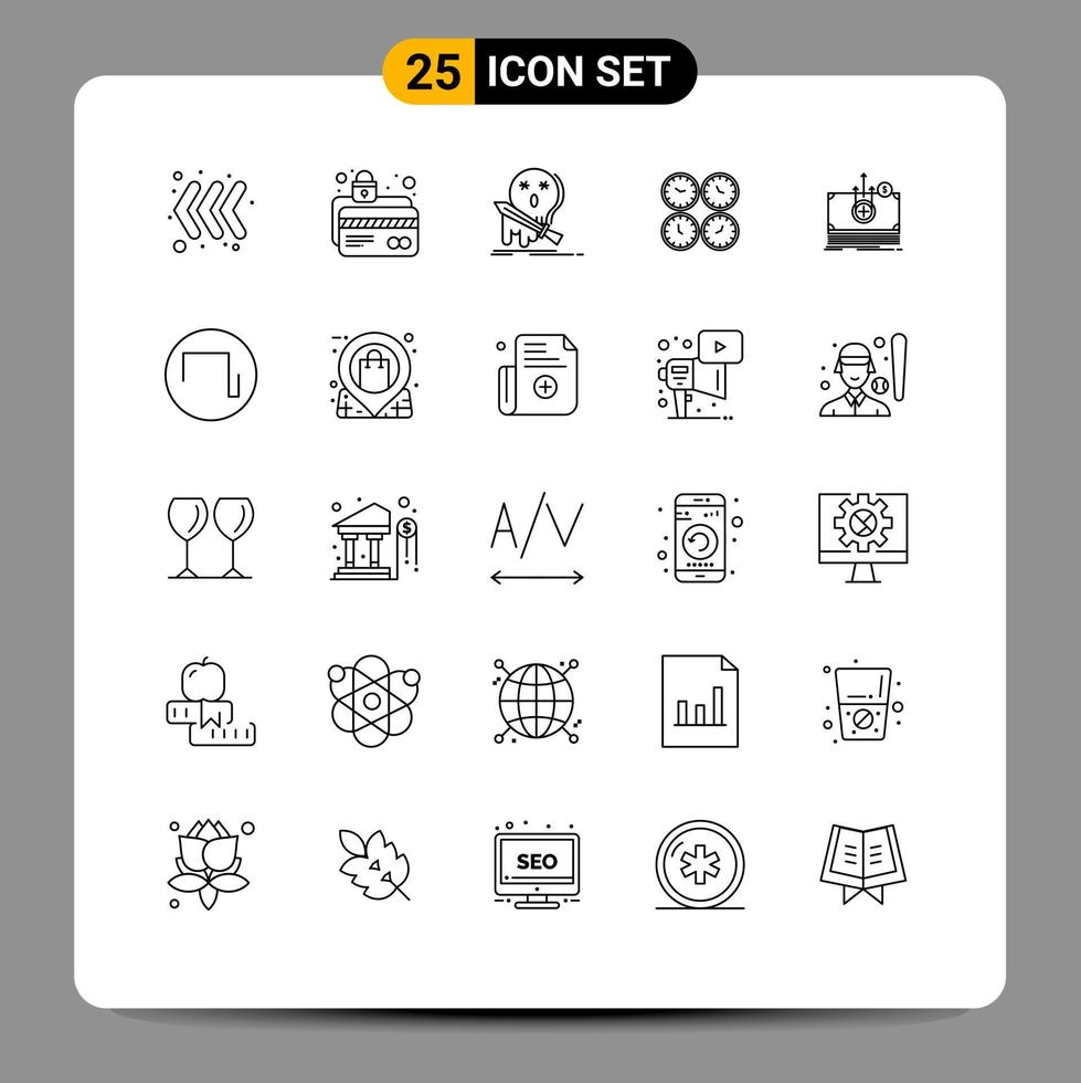 25 ícones criativos, sinais modernos e símbolos de relógios de fuso horário, espada de negócios de morte, elementos de design de vetores editáveis