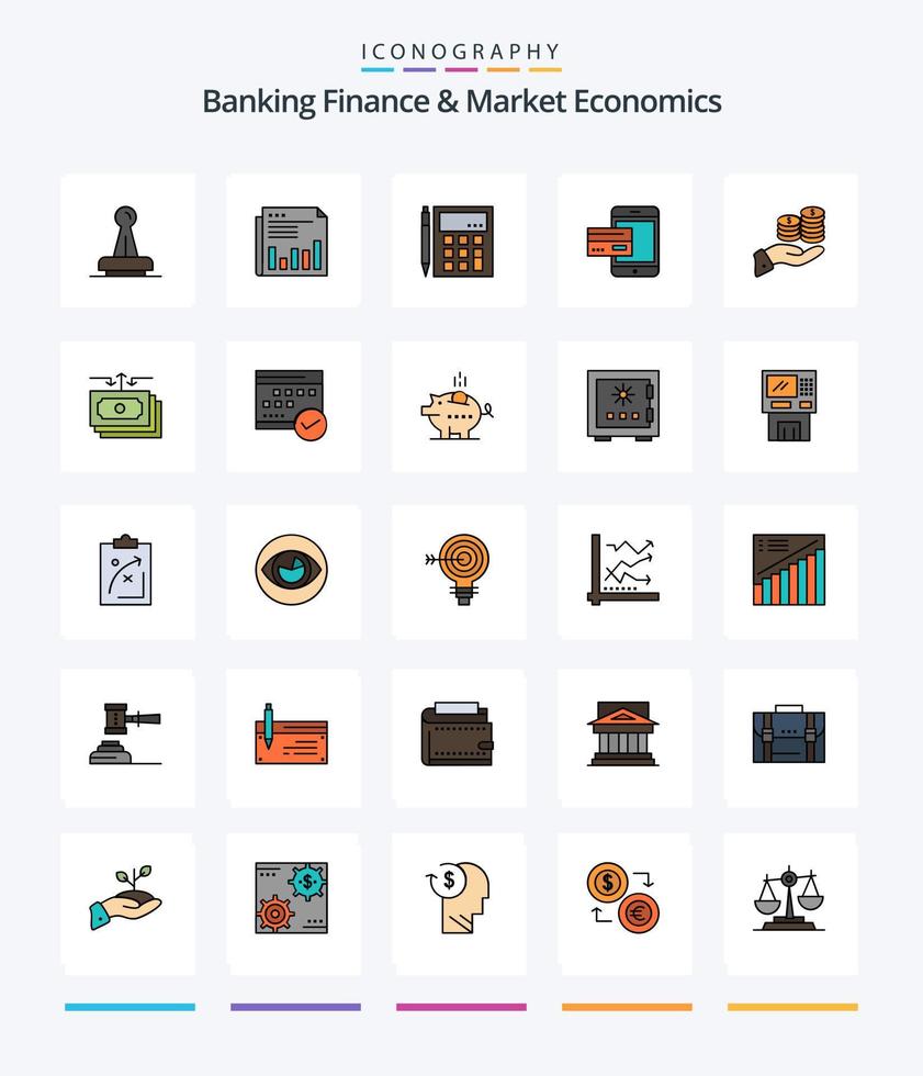 finanças bancárias criativas e economia de mercado pacote de ícones preenchidos com 25 linhas, como cálculo. conta. o negócio. contabilidade. papel vetor