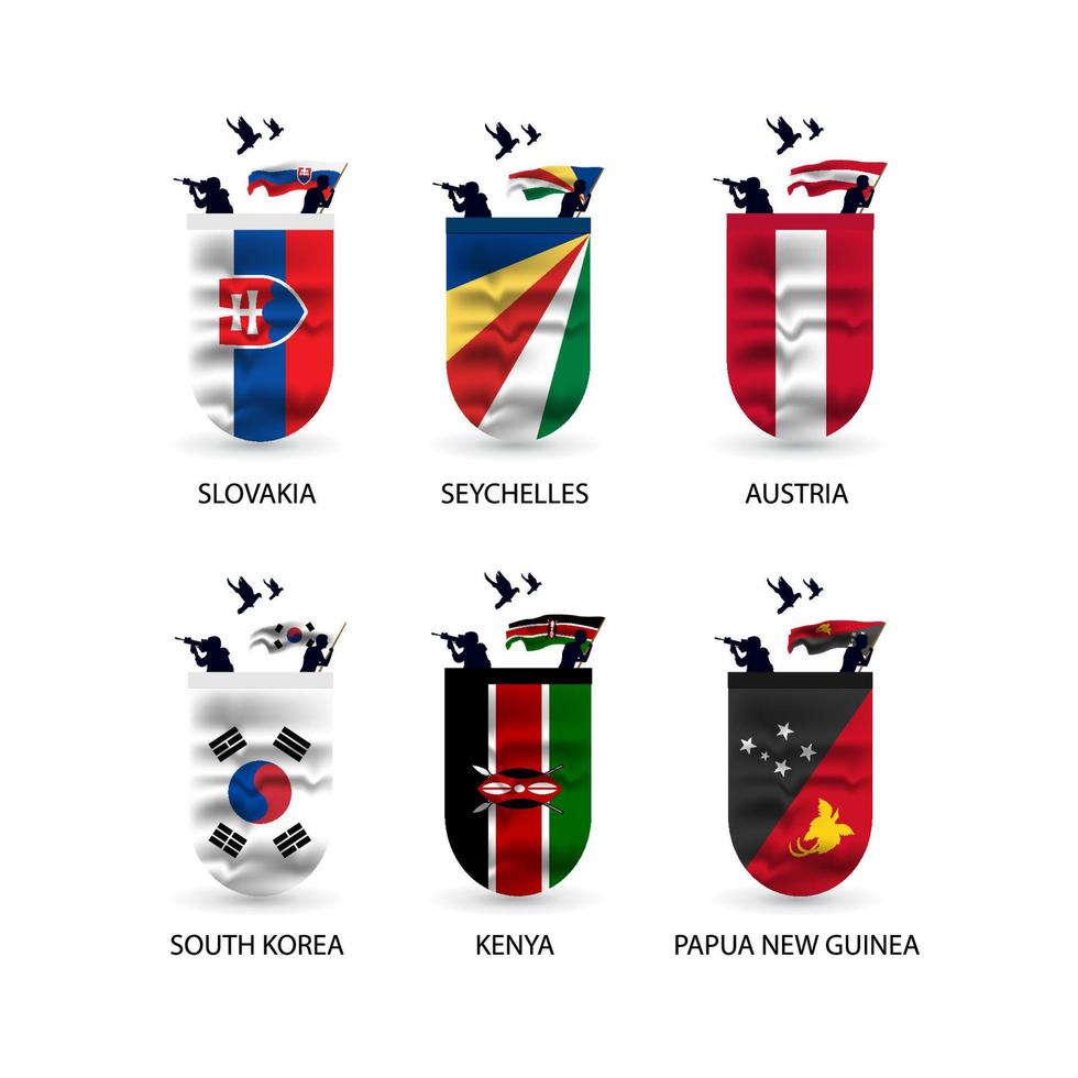coleção de bandeiras da Eslováquia, Áustria, Quênia, Coreia do Sul, Seychelles, Papua Nova Guiné vetor
