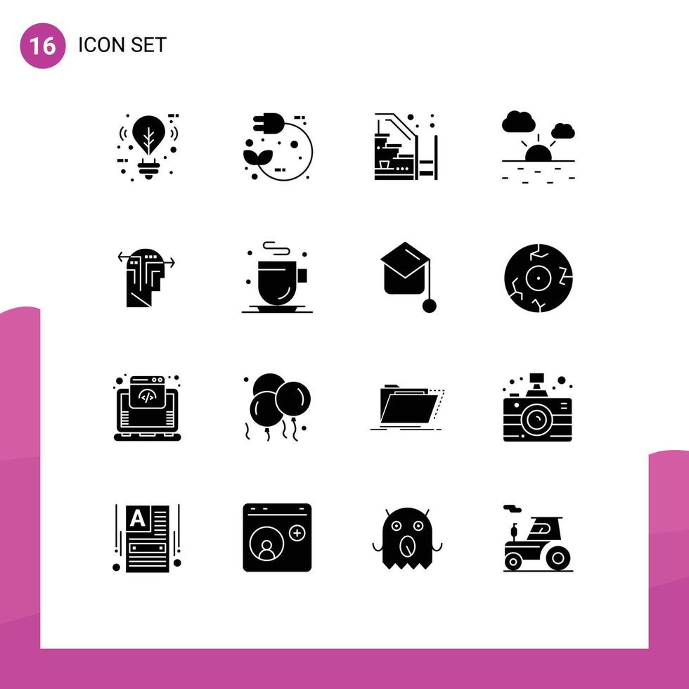 conjunto de glifos sólidos de interface móvel de 16 pictogramas de estratégia quente puxar nuvem para cima elementos de design de vetores editáveis