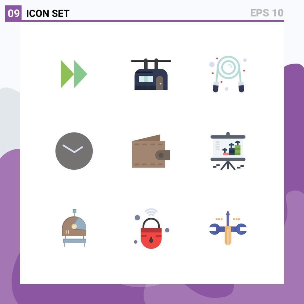 conjunto de cores planas de interface móvel de 9 pictogramas de relógio de dinheiro, tempo de exercício, elementos básicos de design de vetores editáveis