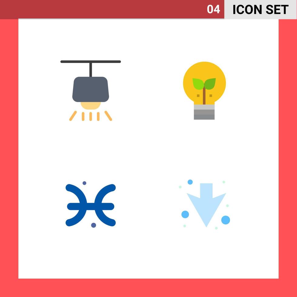 pacote de ícones planos de 4 símbolos universais de lustre de peixes seta de luz ecológica elementos de design de vetores editáveis