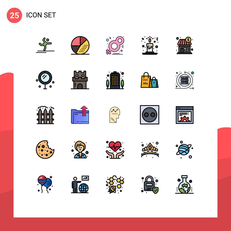 interface móvel linha cheia de cores planas conjunto de 25 pictogramas de loja natal símbolo de vela seo elementos de design de vetores editáveis
