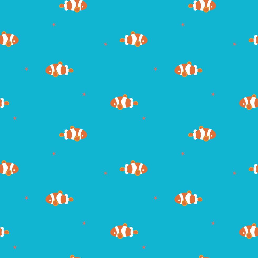 oceano marinho sem costura, temporada de férias de verão com peixe palhaço, peixe estrela, animais aquáticos animais selvagens subaquáticos do mar profundo, padrão de repetição em fundo azul, design de ilustração vetorial plana vetor