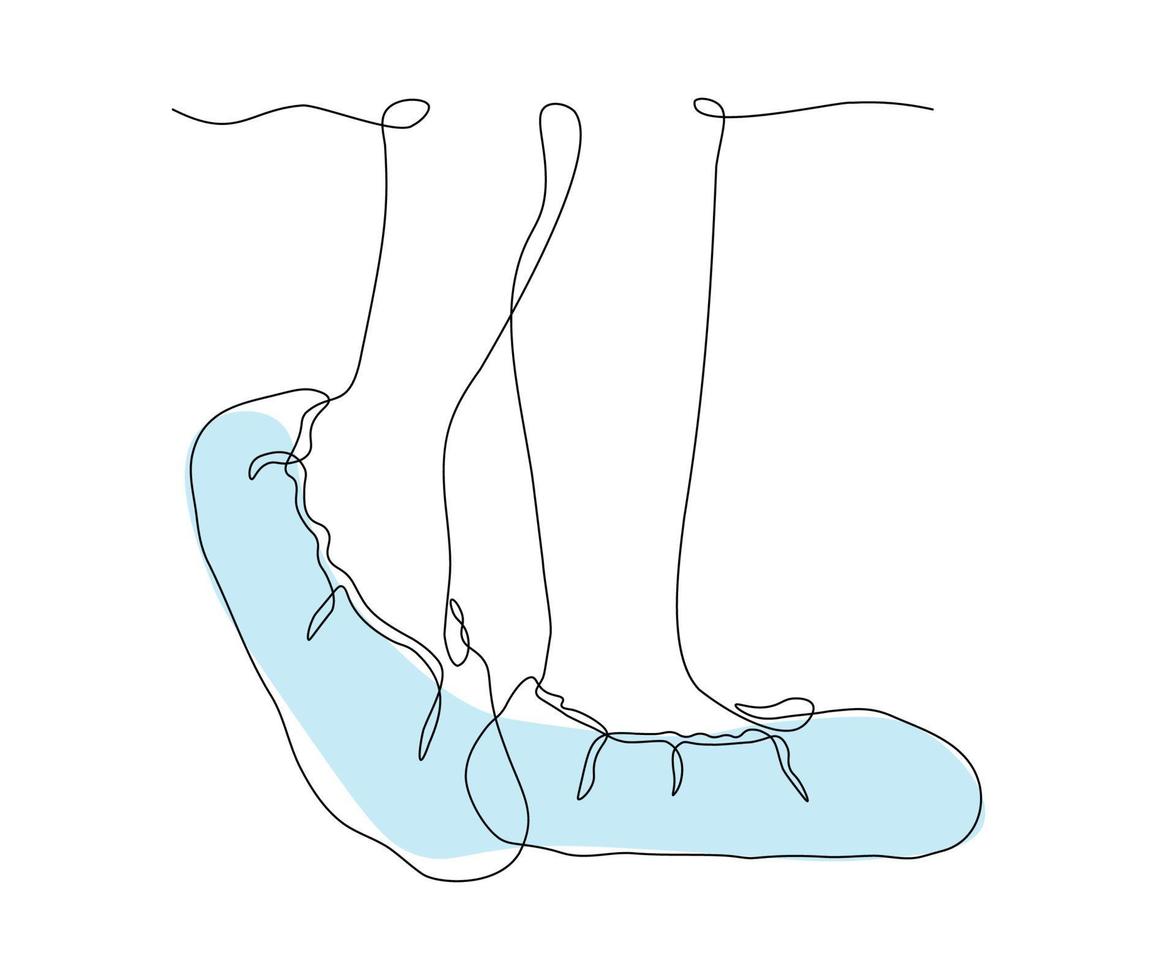 pernas em capas de sapato de hospital, capas de sapato desenhadas à mão, linha mono contínua, arte de uma linha, desenho de contorno vetor