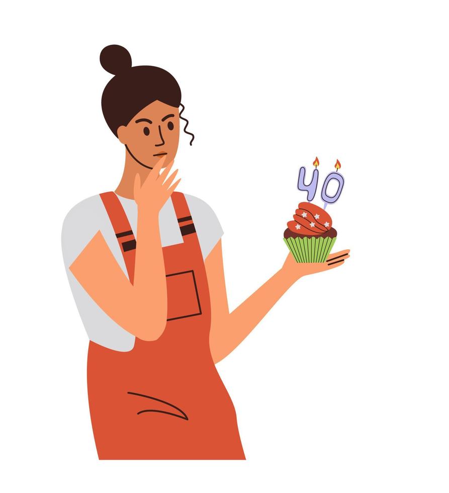 a mulher pensou em sua idade, 40 anos. crise da meia-idade. cupcake com velas festivas. vetor