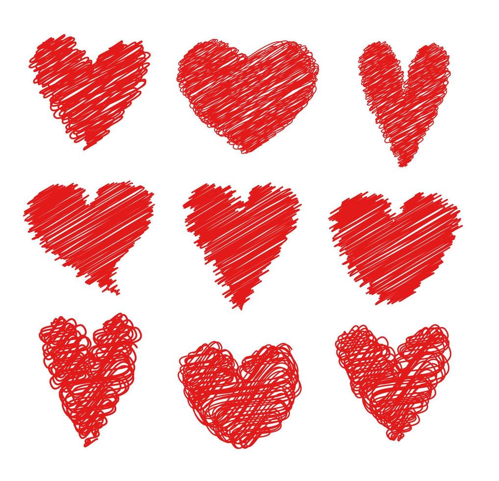 vector formas de coração vermelho com um efeito doodle