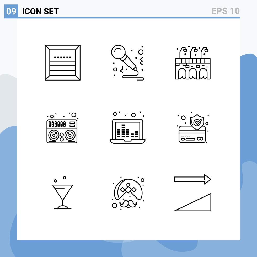 grupo de 9 contornos modernos definidos para laptop de frequência de som cantar música midi elementos de design de vetores editáveis