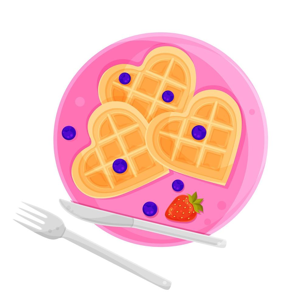 ilustração vetorial waffles vienenses de café da manhã romântico em forma de coração com mirtilos e morangos, talheres vetor