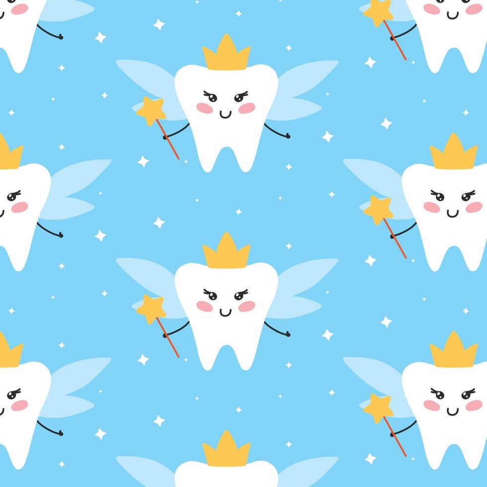 padrão perfeito com fada do dente. padrão infantil com uma fada. ilustração vetorial. estilo cartoon plana. impressão de dente estilo kawaii. vetor