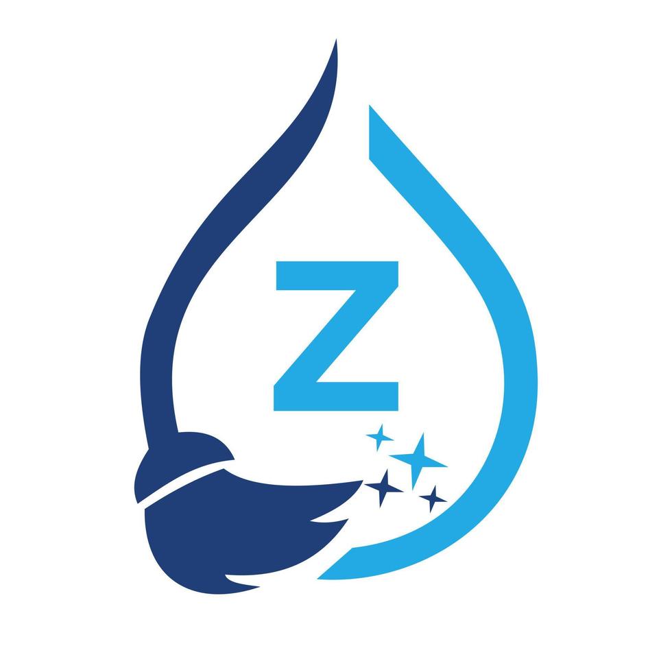 logotipo de limpeza de empregada na letra z. sinal de casa limpa, escova de limpeza de logotipo limpo fresco e modelo de conceito de gota de água vetor