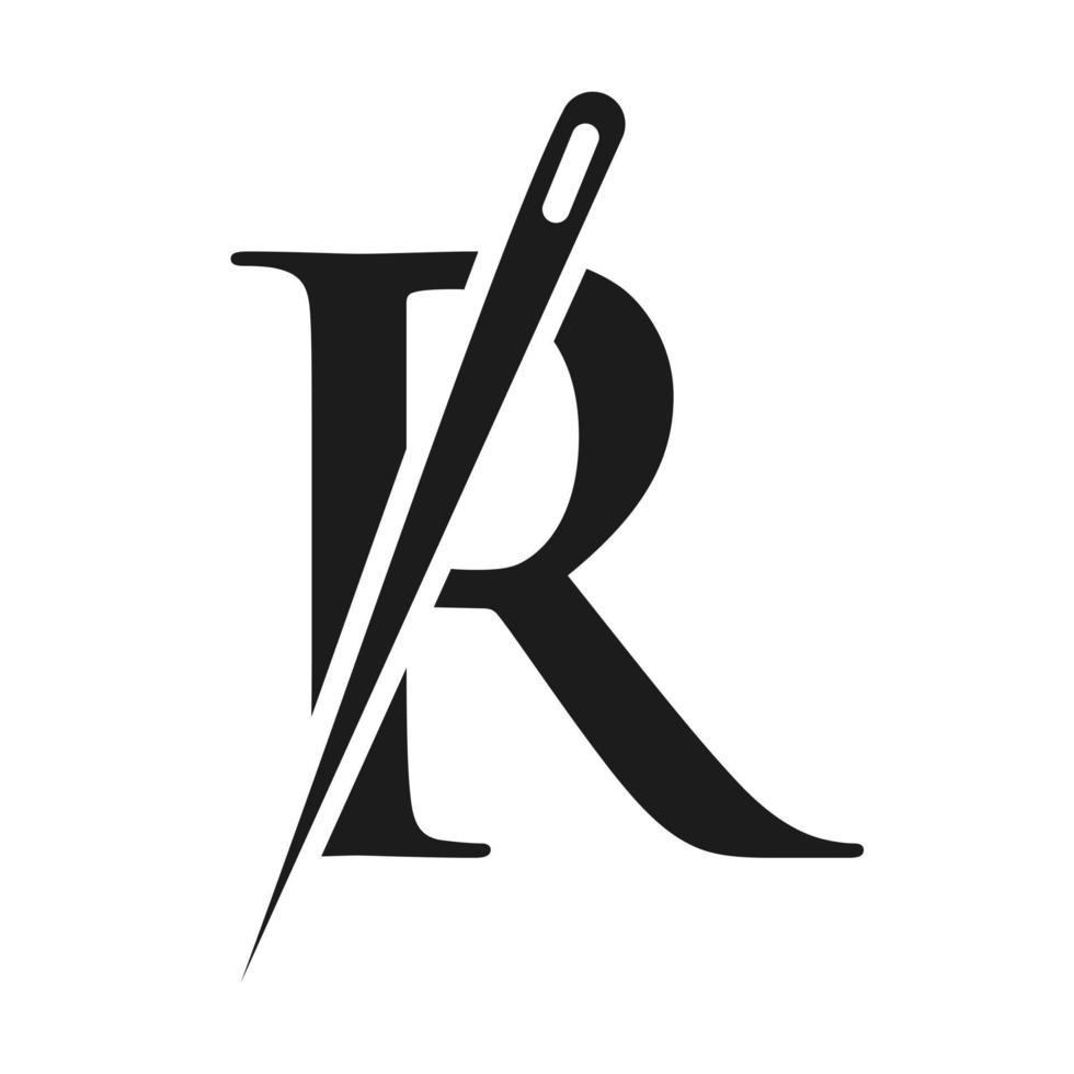 letra inicial r logotipo alfaiate, combinação de agulha e linha para bordar, têxtil, moda, pano, tecido, modelo de cor dourada vetor