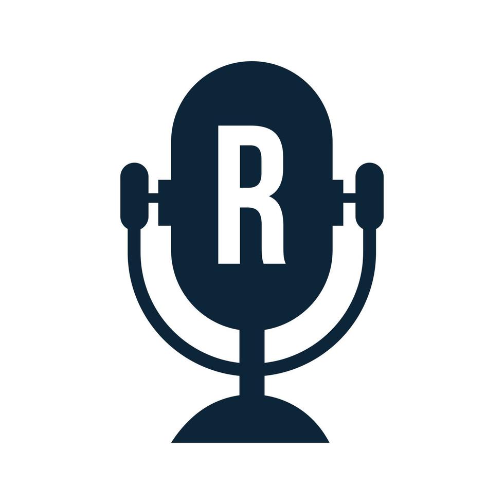 logotipo de rádio podcast no design da letra r usando o modelo de microfone. música dj, design de logotipo de podcast, mix de vetor de transmissão de áudio