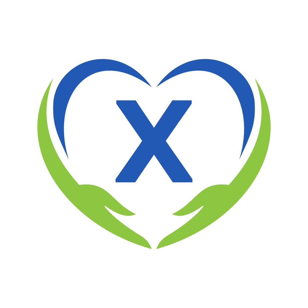 logotipo de cuidados com as mãos na letra x. logotipo de caridade, cuidados de saúde, fundação com símbolo de mão vetor