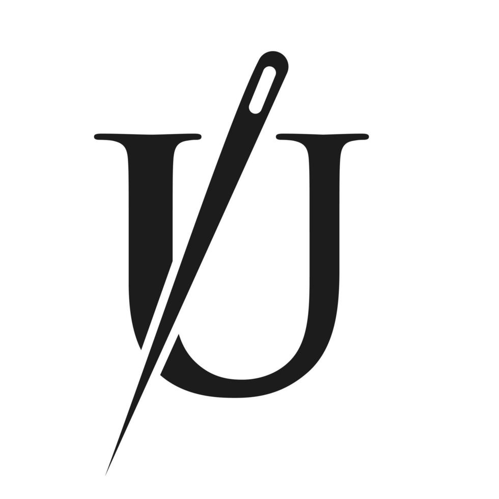letra inicial u alfaiate logotipo, combinação de agulha e linha para bordar, têxtil, moda, pano, tecido, modelo de cor dourada vetor