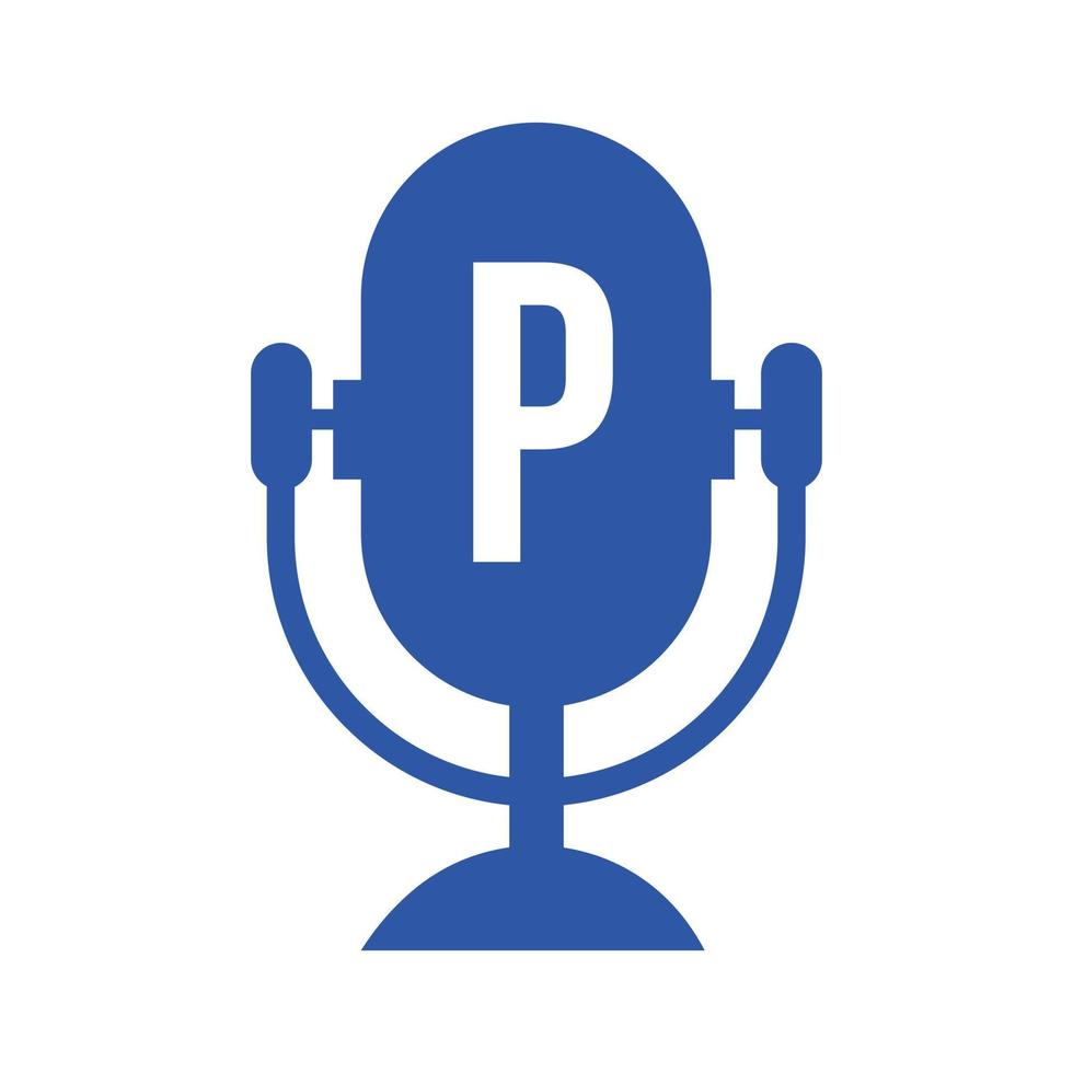 logotipo de rádio podcast no design da letra p usando o modelo de microfone. música dj, design de logotipo de podcast, mix de vetor de transmissão de áudio