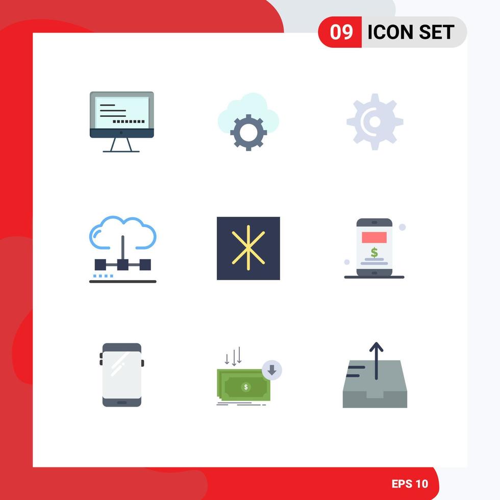 grupo de 9 sinais e símbolos de cores planas para configurações de mecanismo de otimização computando elementos de design de vetores editáveis
