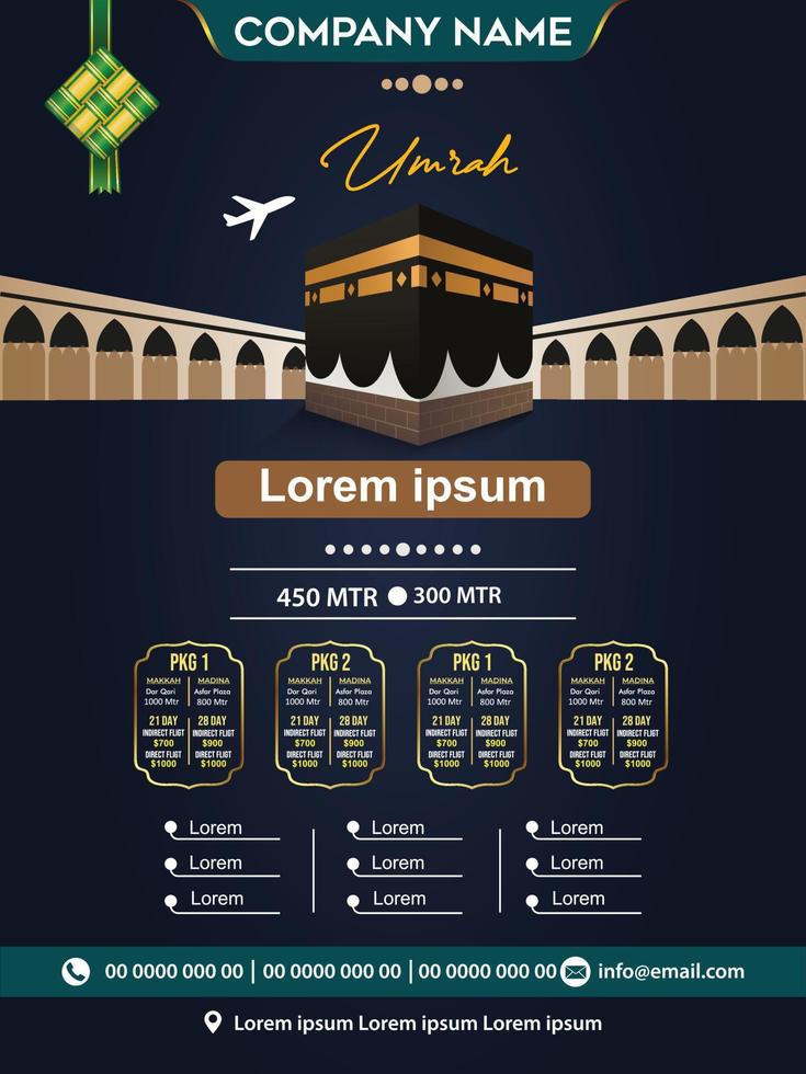 folheto de pacote de luxo hajj e umrah, modelo de folheto ramadan kareem brochura islâmica pós caligrafia árabe, celebração de cartão comemorativo da tradução do festival da comunidade muçulmana o mês de jejum vetor