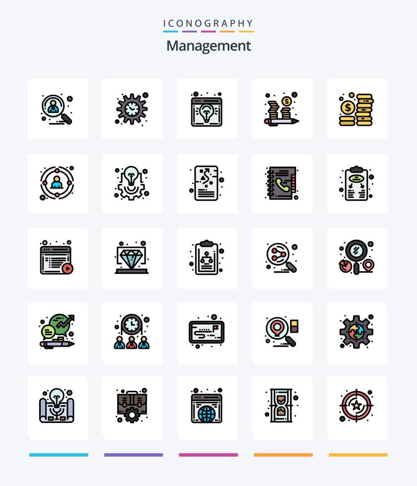 pacote de ícones preenchidos com 25 linhas de gerenciamento criativo, como link. investimento. navegador. moedas. lâmpada elétrica vetor