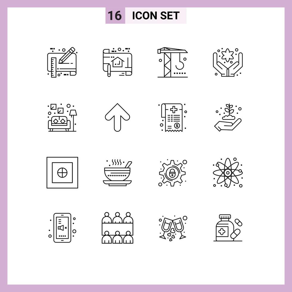 16 pacote de esboço da interface do usuário de sinais e símbolos modernos do plano de cuidado do sofá, maquinário manual, elementos de design vetorial editáveis vetor
