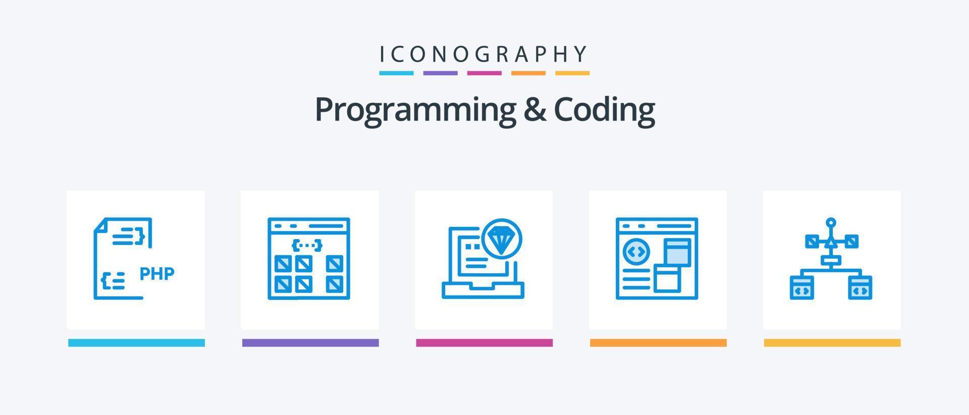 programação e codificação do pacote de ícones azul 5, incluindo codificação. aplicativo. desenvolvimento. desenvolve. código. design de ícones criativos vetor