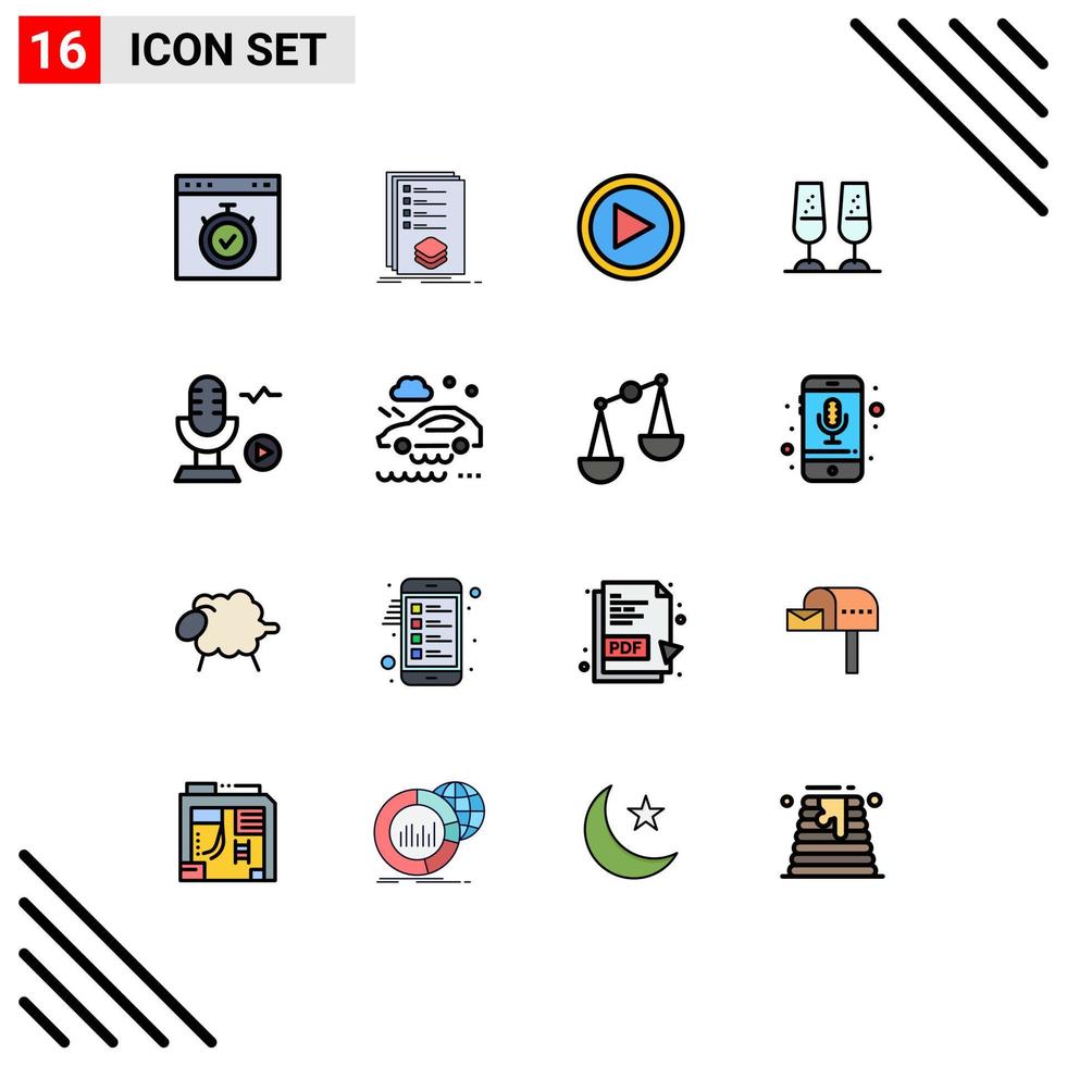 interface móvel linha cheia de cores planas conjunto de 16 pictogramas de brindar copos de champanhe listando celebração jogar elementos de design de vetores criativos editáveis