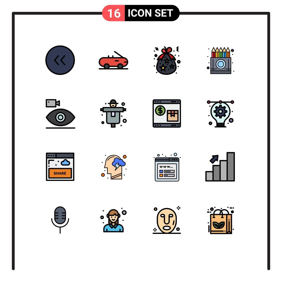 16 interface de usuário pacote de linha cheia de cores planas de sinais e símbolos modernos de lápis de câmera de vídeo desenho de natal cor editável elementos de design de vetores criativos