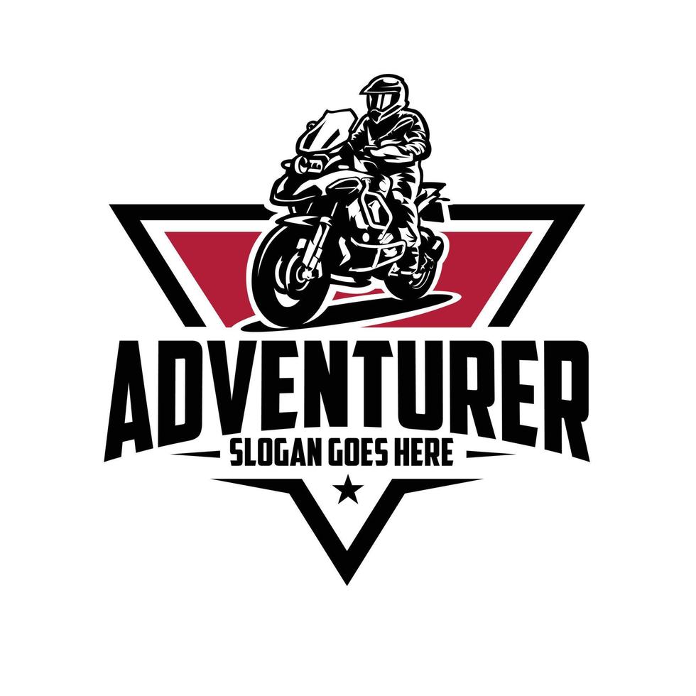 arte do logotipo do logotipo do emblema do motociclista da aventura isolada. vetor de logotipo de motociclista