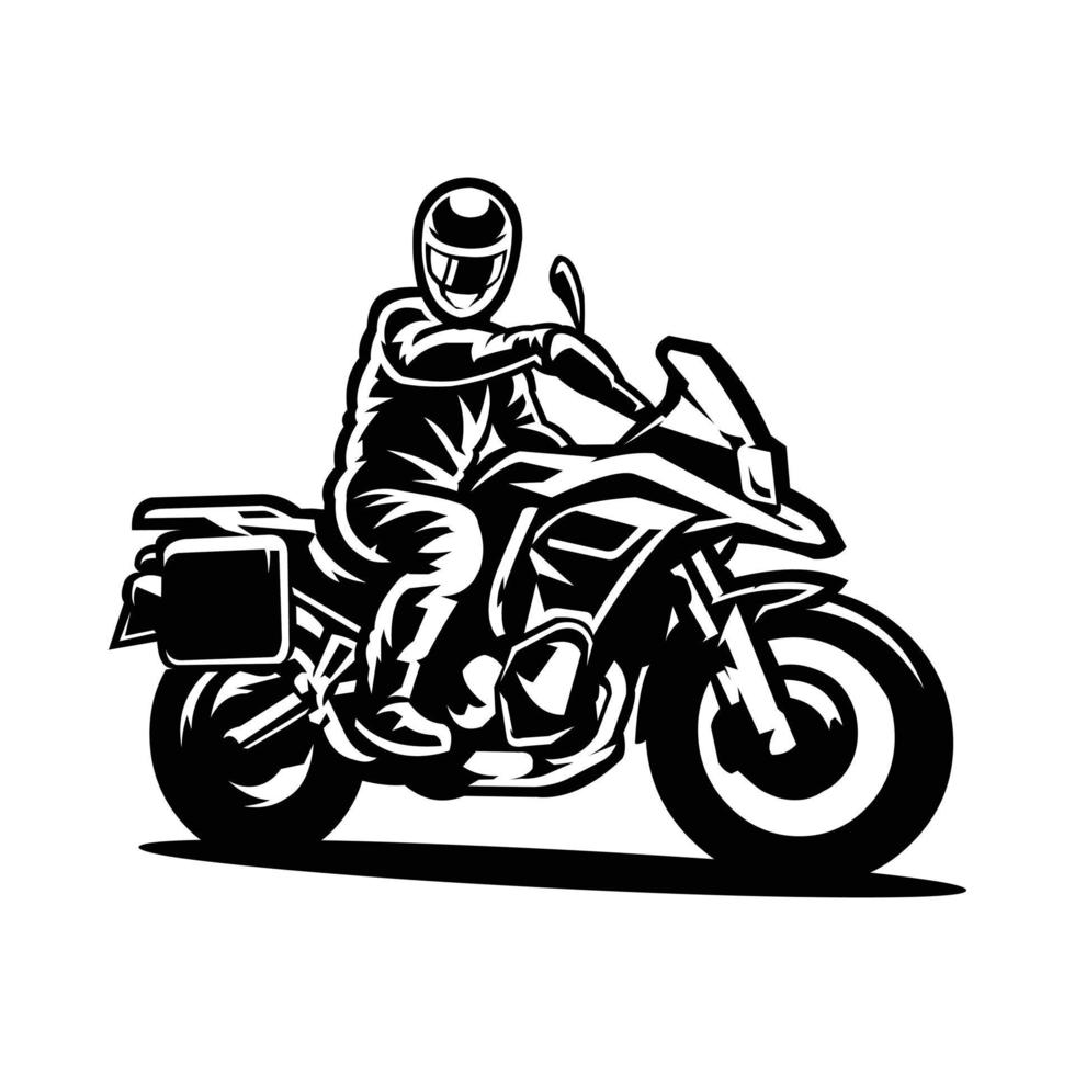 aventura motociclista silhueta arte vetorial preto e branco isolada. vetor de motociclista super moto