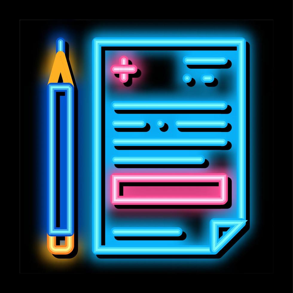 prescrição médica e ilustração de ícone de brilho neon de lápis vetor