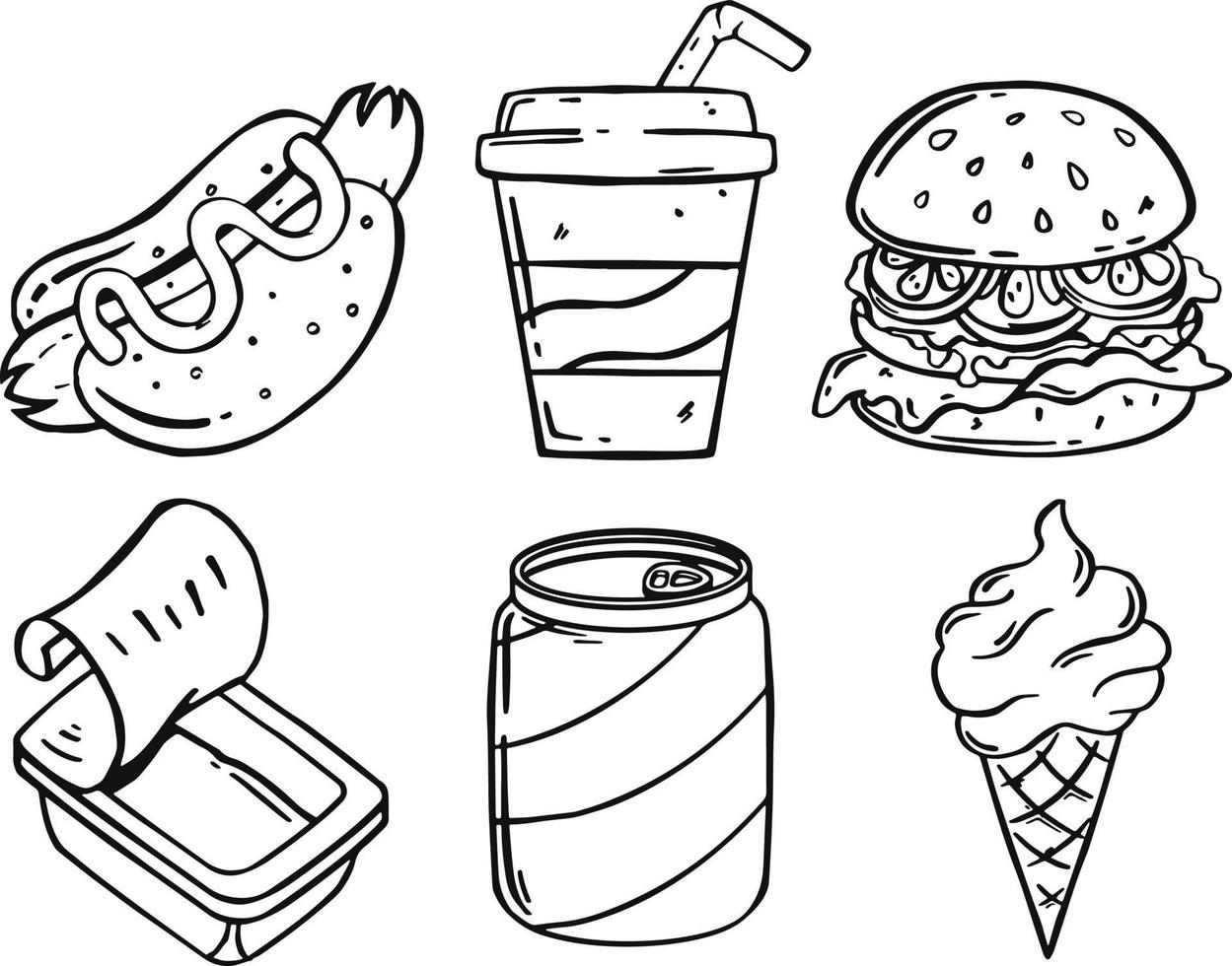 conjunto de almoço fast-food ou junk food com doodle ou estilo esboçado no fundo branco. vetor