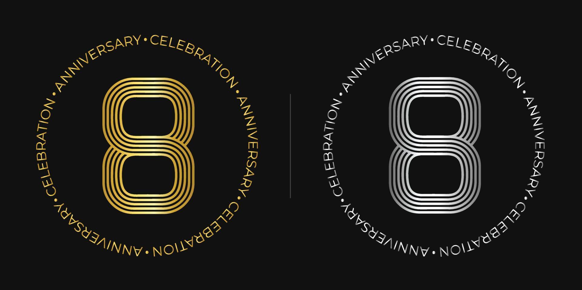 8º aniversário. banner de celebração de aniversário de oito anos em cores douradas e prateadas. logotipo circular com design de número original em linhas elegantes.s vetor