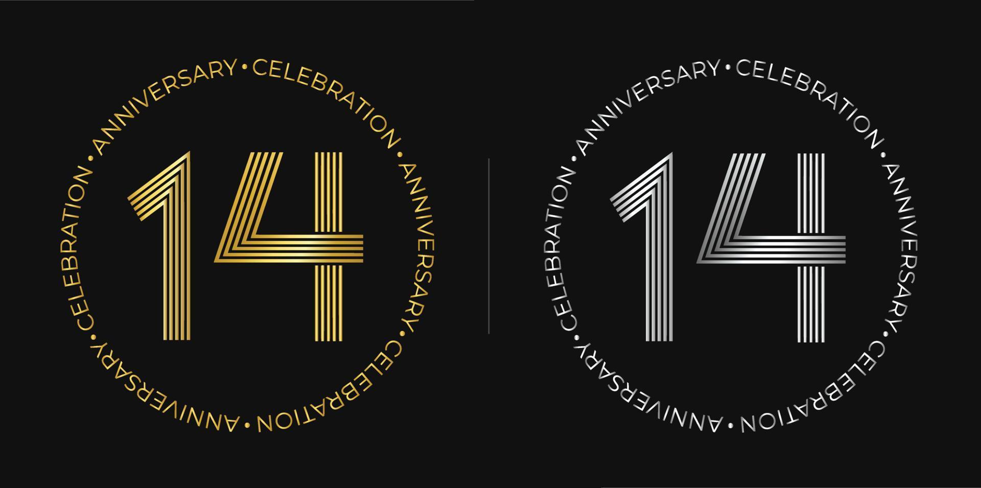 14º aniversário. banner de comemoração de aniversário de quatorze anos em cores douradas e prateadas. logotipo circular com design de número original em linhas elegantes. vetor