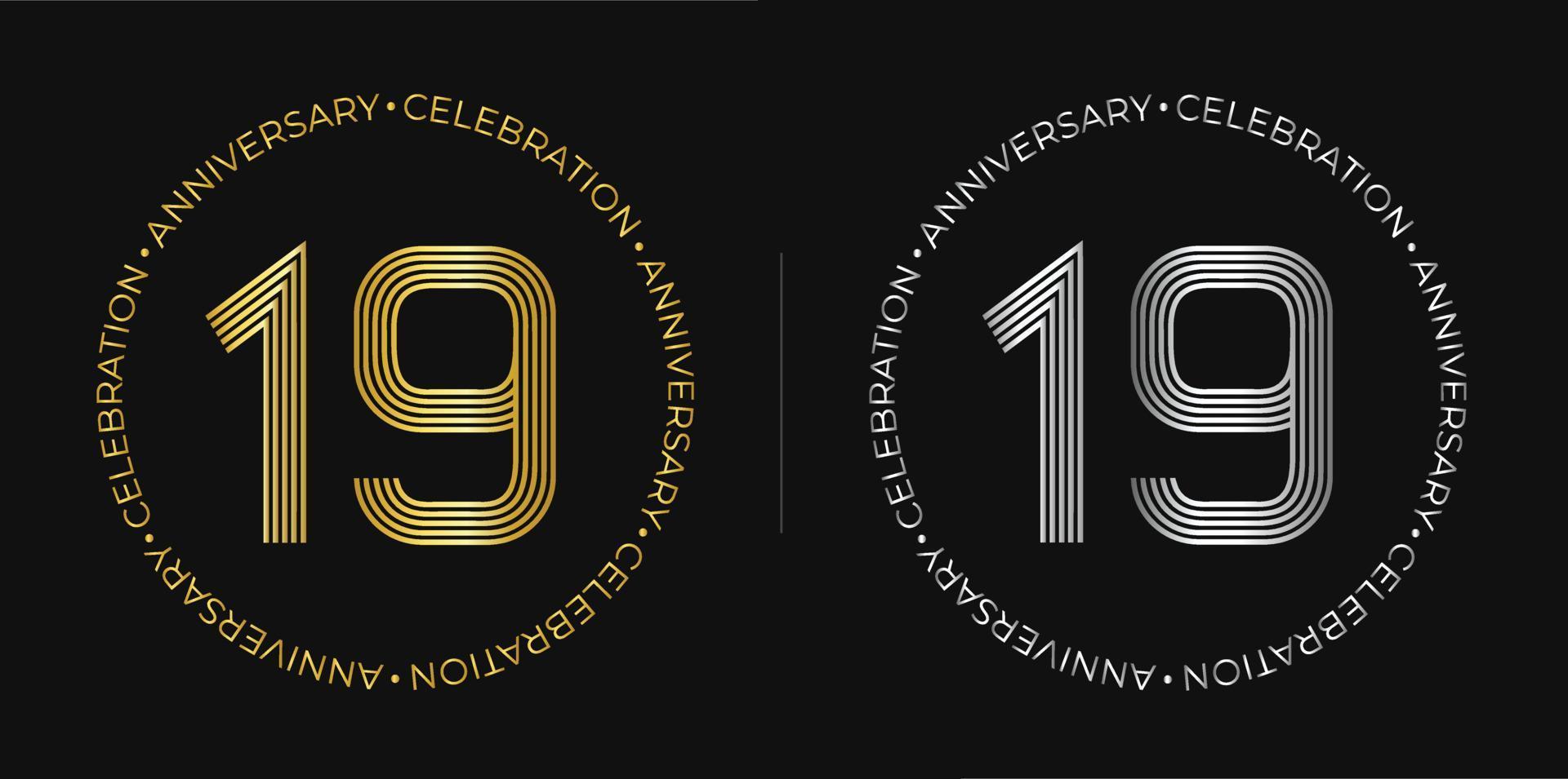 19º aniversário. banner de comemoração de aniversário de dezenove anos em cores douradas e prateadas. logotipo circular com design de números originais em linhas elegantes. vetor