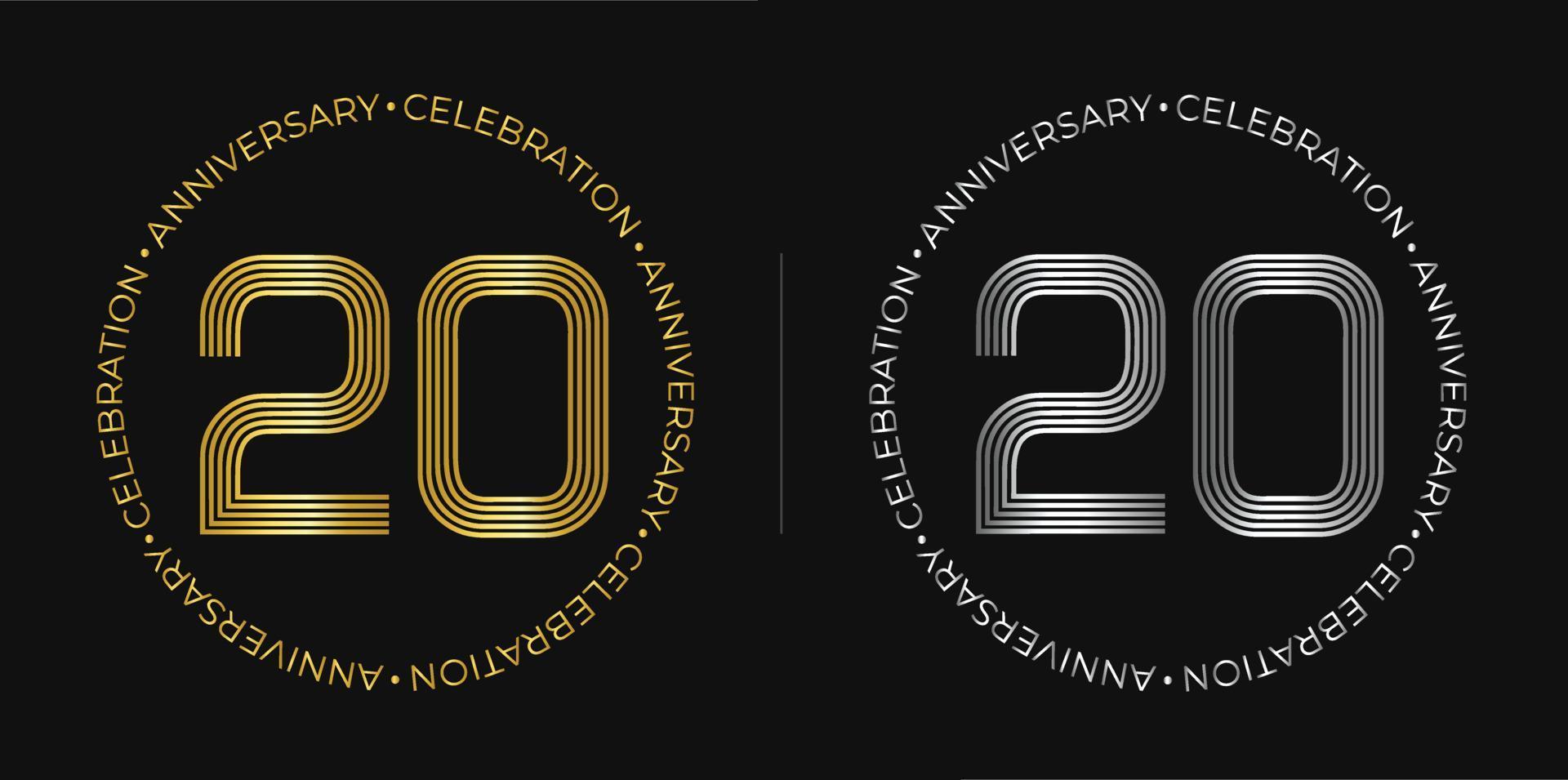 20º aniversário. banner de celebração de aniversário de vinte anos em cores douradas e prateadas. logotipo circular com design de números originais em linhas elegantes. vetor