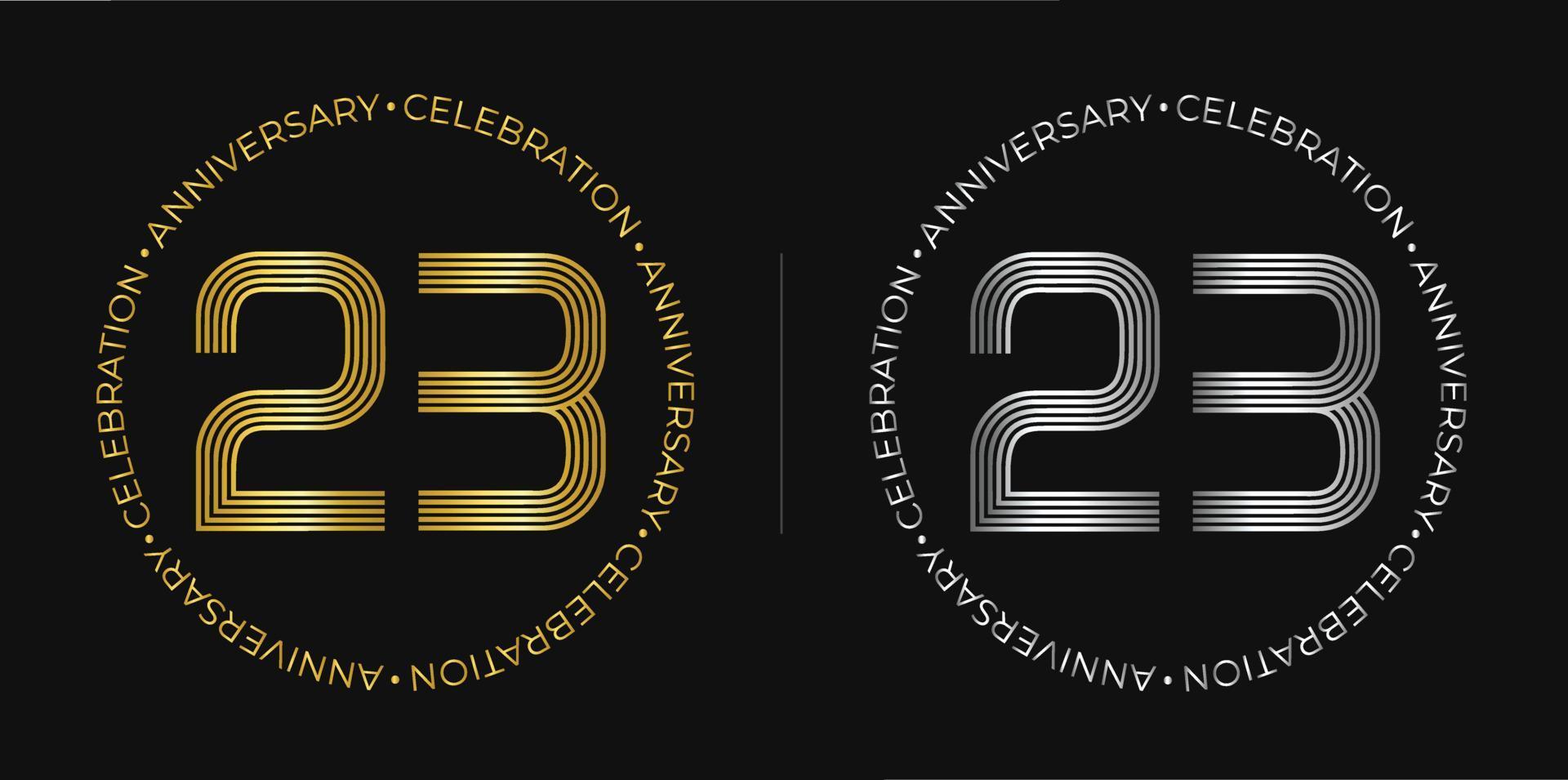 23º aniversário. banner de comemoração de aniversário de vinte e três anos nas cores douradas e prateadas. logotipo circular com design de números originais em linhas elegantes. vetor