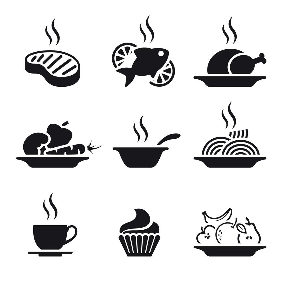 conjunto de ícones de comida e bebida em preto sobre um fundo branco vetor