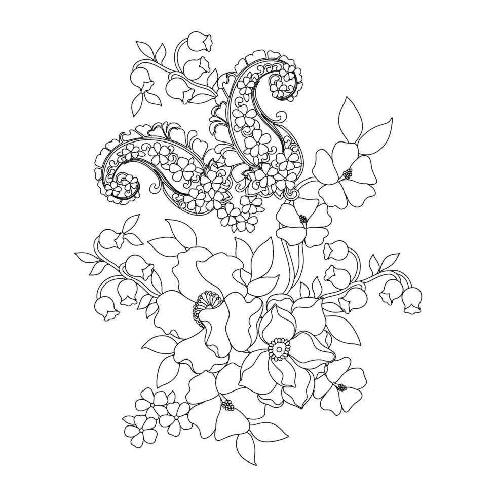 páginas para colorir florais, artes de linha de flores, padrões florais de linha de arte em silhueta, esboço de desenho de flores em preto e branco, gráficos botânicos de contorno, design floral em fundo branco, design básico de flores vetor