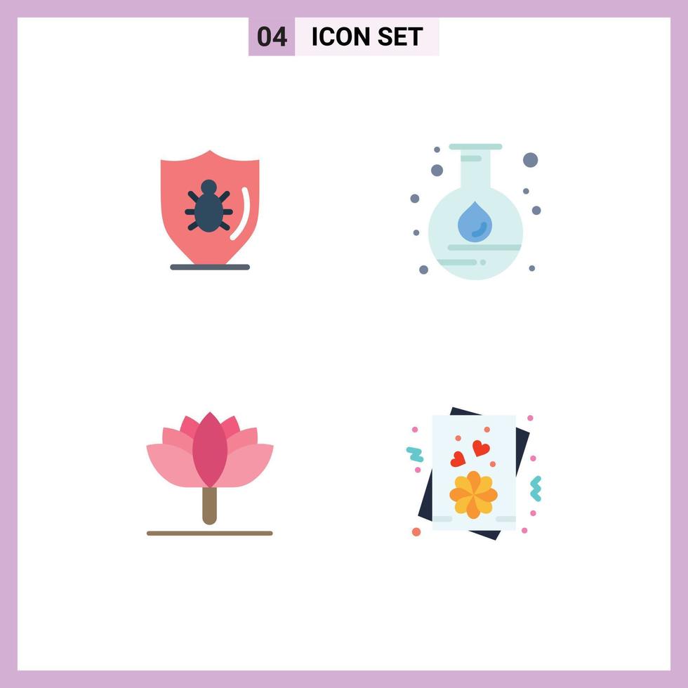 pacote de 4 sinais e símbolos de ícones planos modernos para mídia de impressão na web, como elementos de design de vetores editáveis de garrafa de proteção de flor de bug