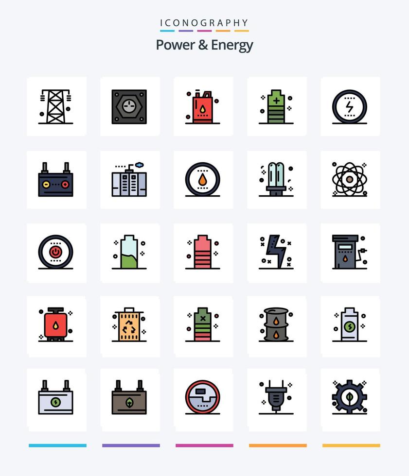 poder criativo e pacote de ícones preenchidos com 25 linhas de energia, como essencial. bateria. potência. potência. galão vetor