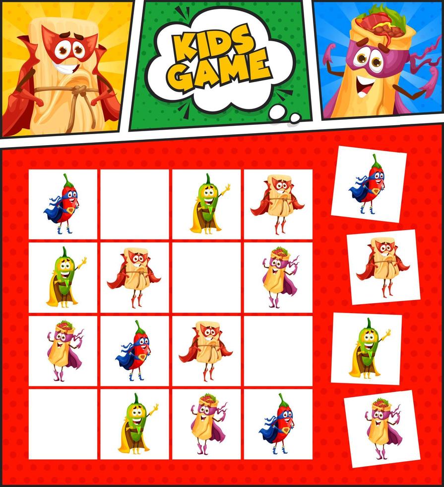 jogo infantil sudoku quadrinhos retrô de comida mexicana vetor