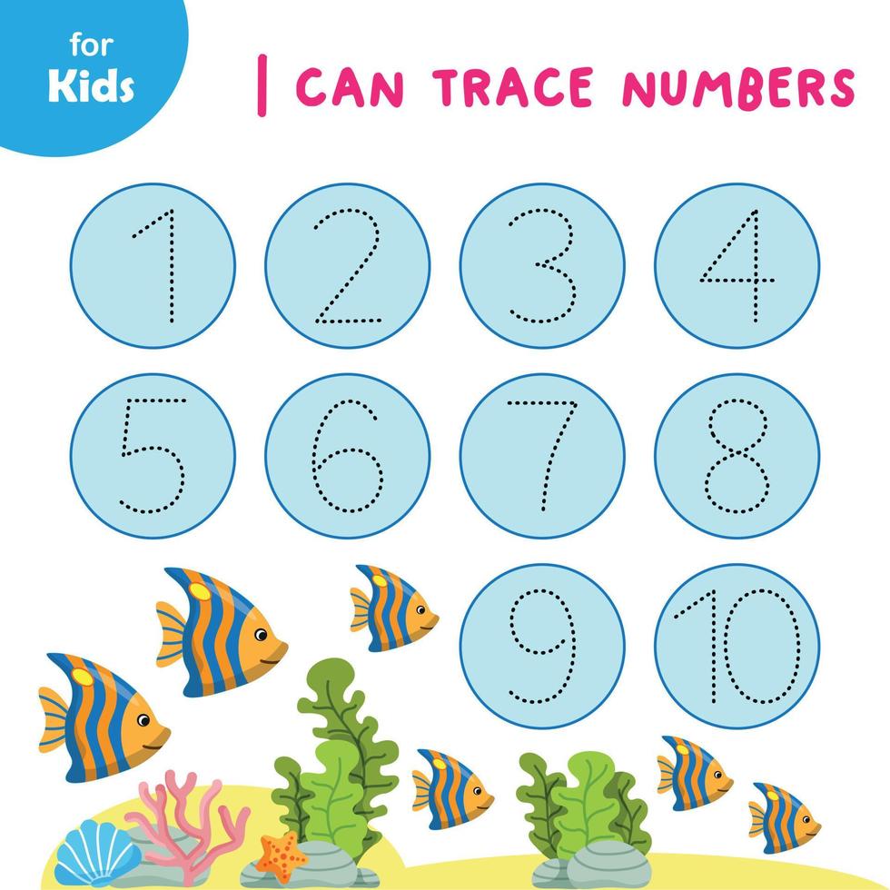 mini-jogo para crianças, posso circular números. imagem com um tema marinho. ajuda as crianças a aprender a escrever e reconhecer números. ilustração sobre o tema marinho. ideal para crianças de 3 a 6 anos vetor