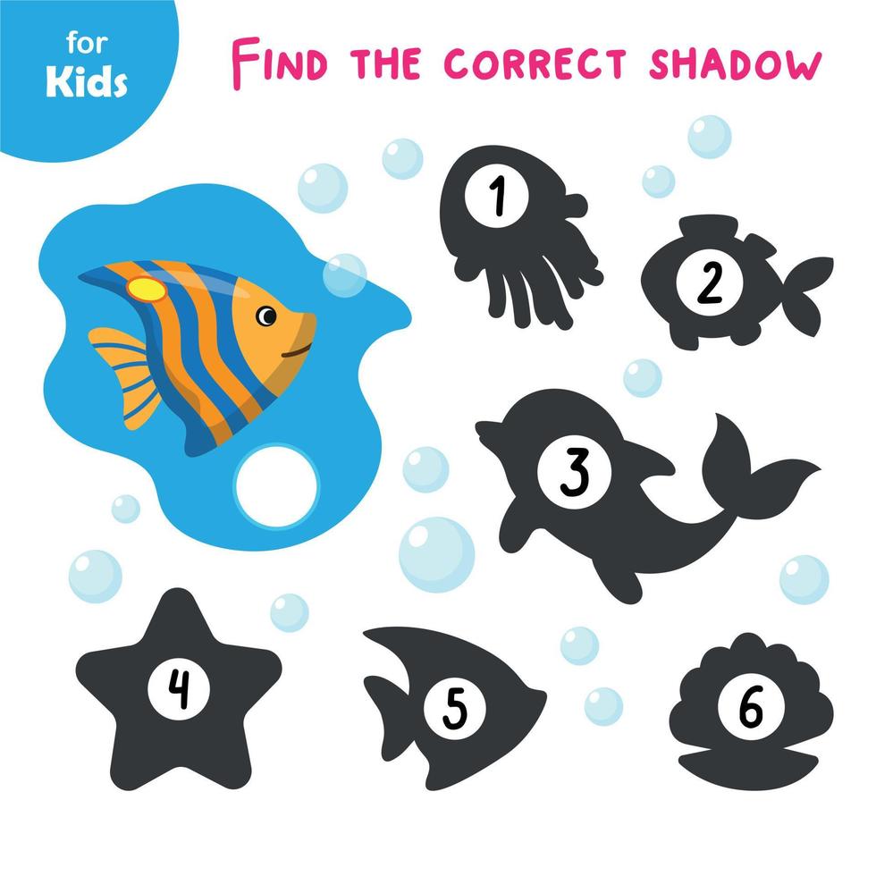série de jogos educativos sobre o tema marinho encontre a sombra do peixe. apresenta as crianças aos animais marinhos. uma atividade interativa e divertida que ajuda as crianças a melhorar seus poderes de observação vetor