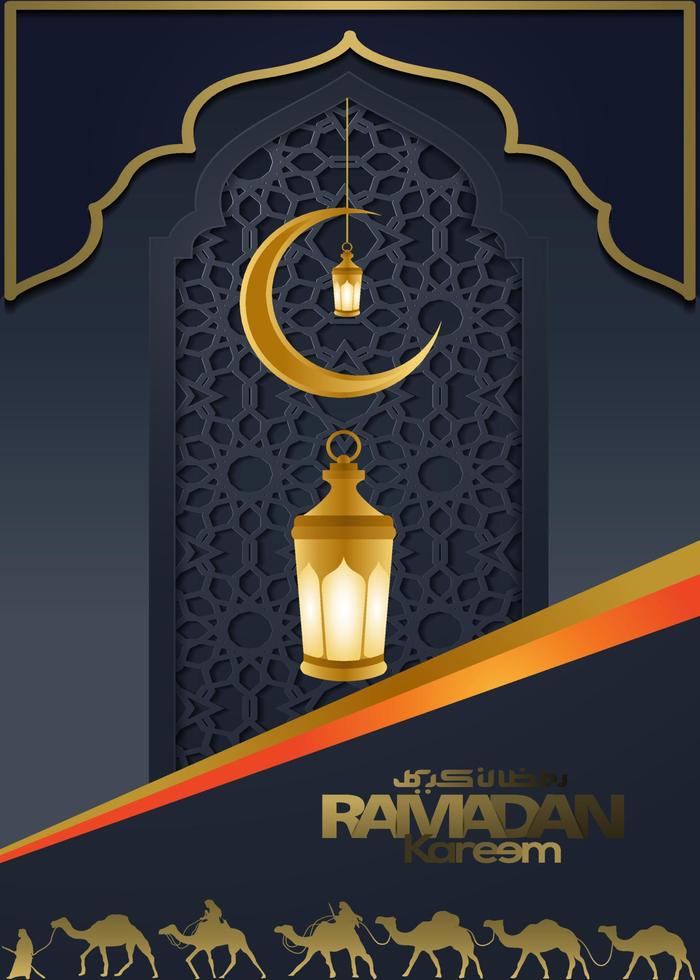 design de cartão de saudação ramadan kareem com caligrafia islâmica de arte mandala, pôster islâmico do ramadã 'fundo do ramadan kareem com belas lanternas mesquita mineiro e bandeira árabe islâmica. vetor