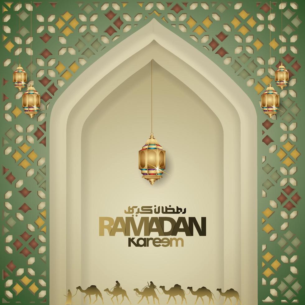 design de cartão de saudação ramadan kareem com caligrafia islâmica de arte mandala, pôster islâmico do ramadã 'fundo do ramadan kareem com belas lanternas mesquita mineiro e bandeira árabe islâmica. vetor