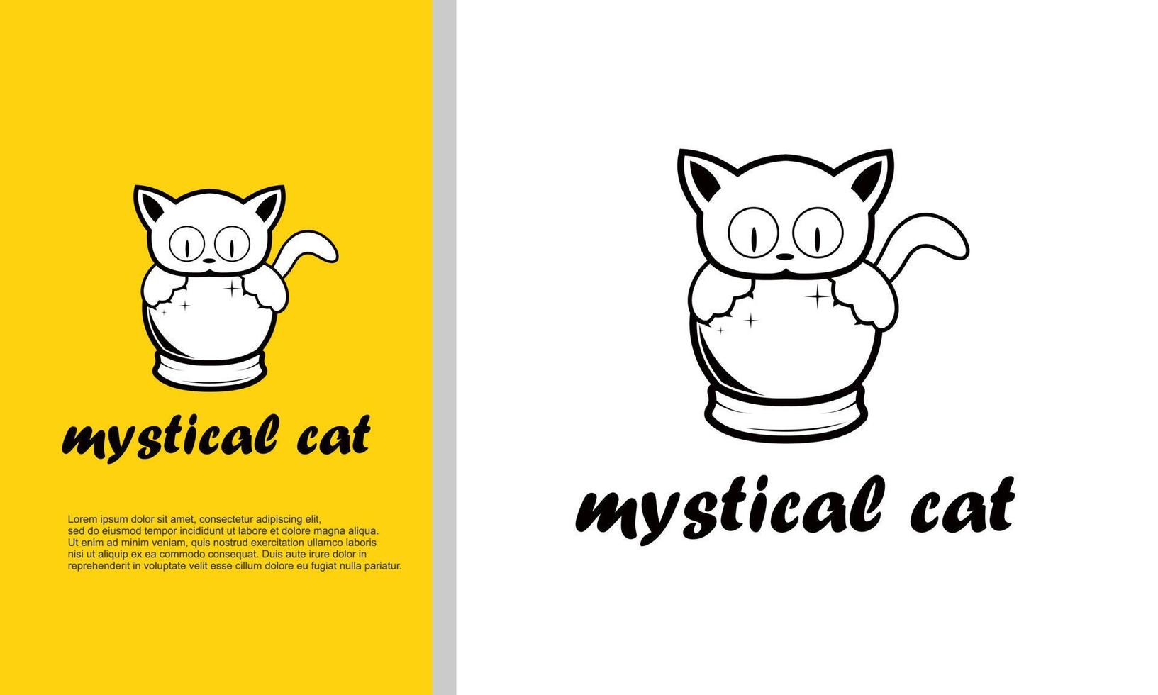 gráfico de vetor de ilustração de logotipo de bola mística combinada com gato fofo