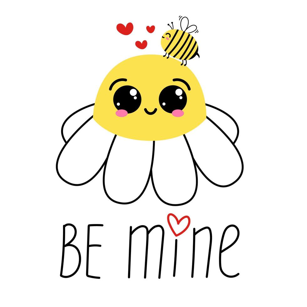 cartão de dia dos namorados. flor de camomila com rosto bonito e cartão romântico de desenho de abelha com letras de mão meu amor. vetor