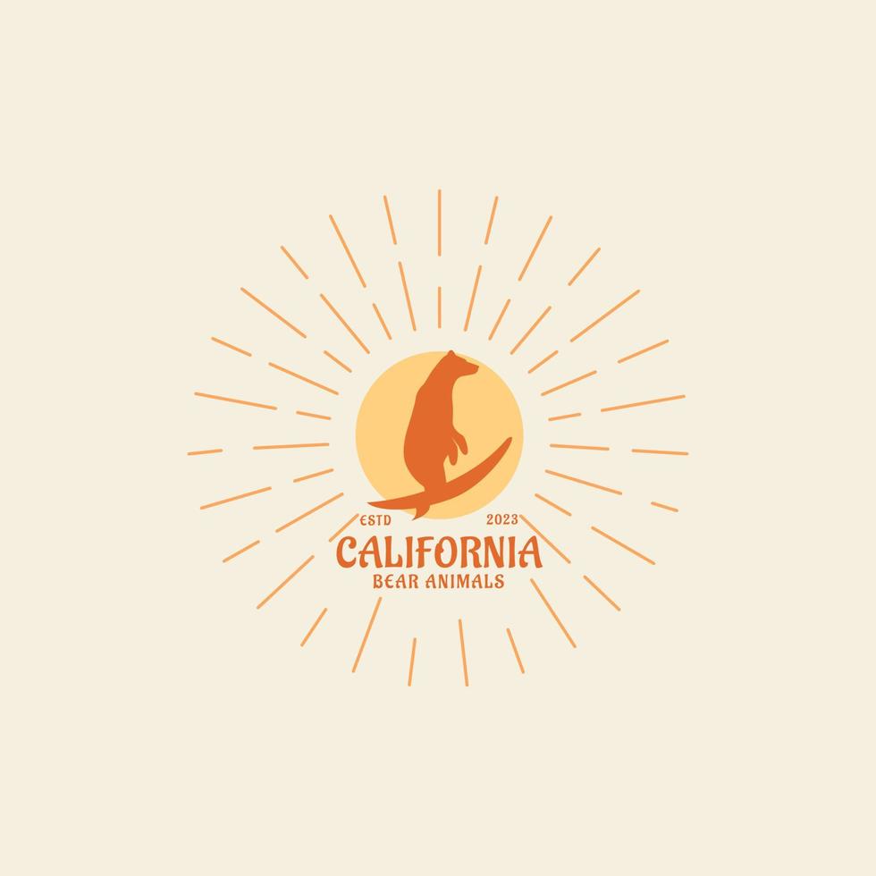 tipografia slogan vintage go surf california um urso carregando uma prancha de surf para o design de uma camiseta vetor
