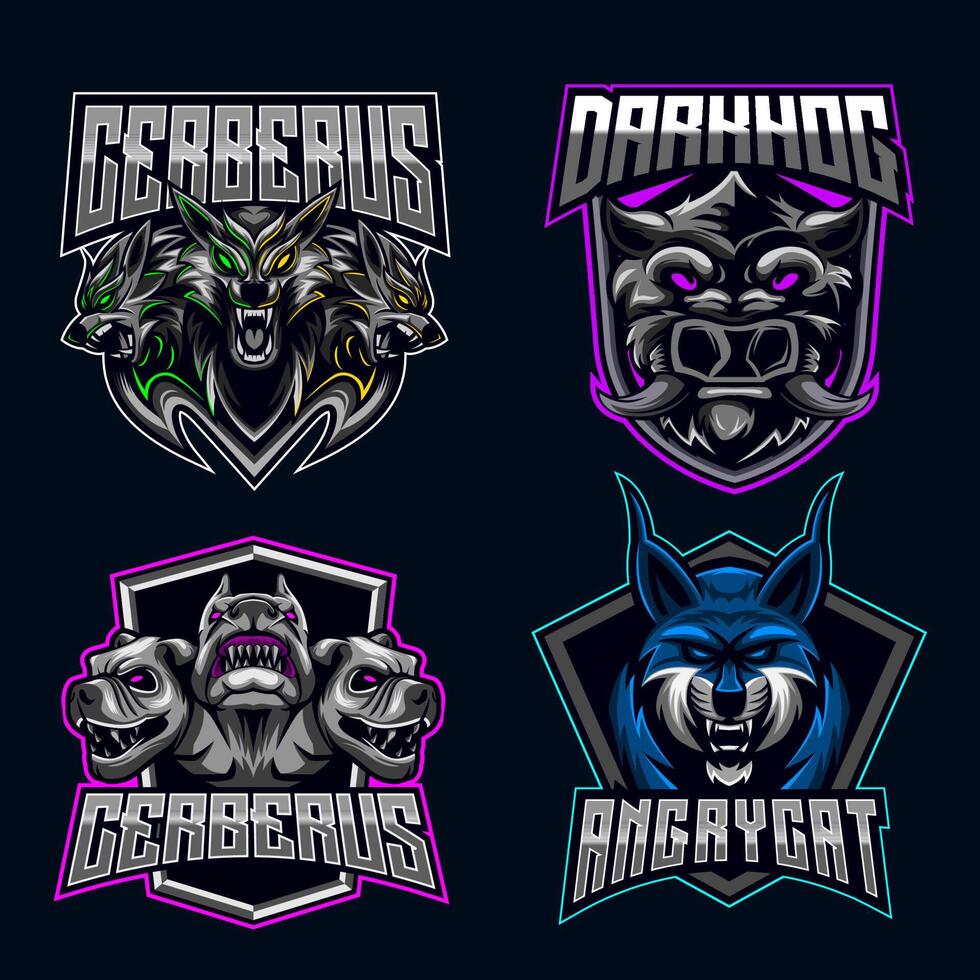 javali cerberus gato conjunto de caracteres logotipo e-sport mascote design pacote conjunto coleção de ícones ilustração vetorial equipe de jogos vetor