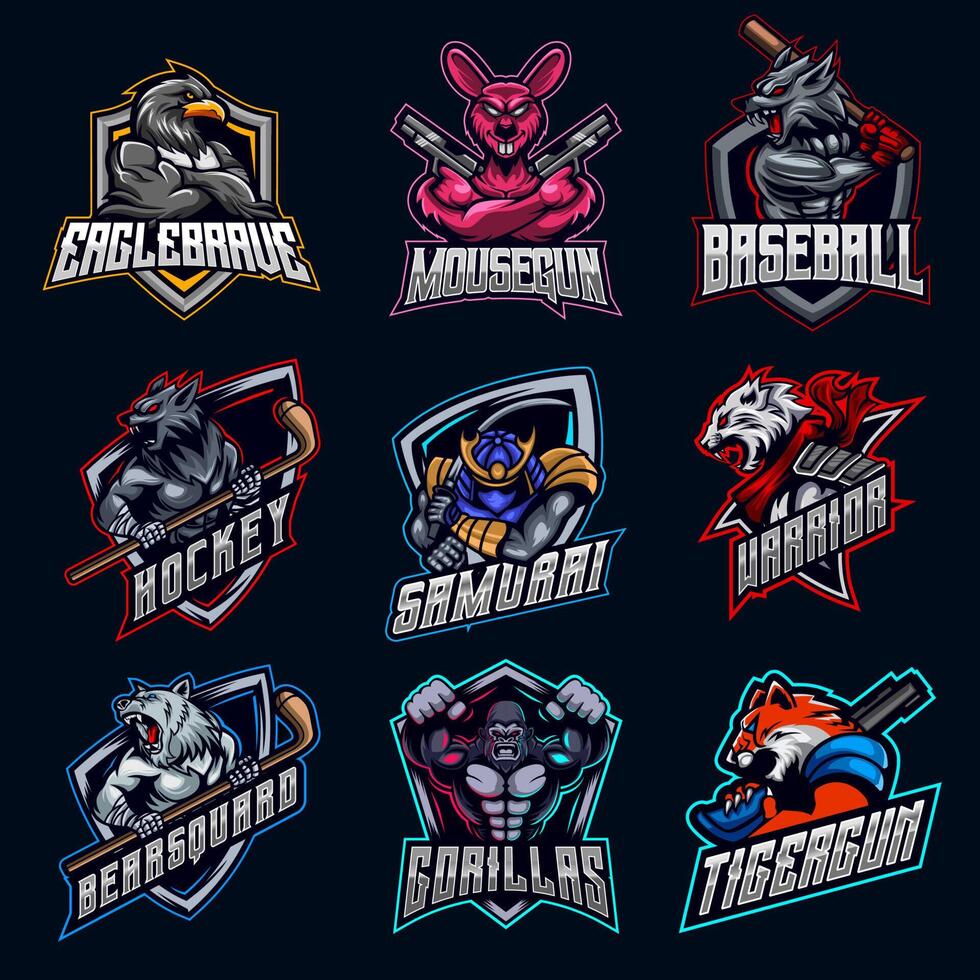 conjunto de design de logotipo de e-sport de personagem animal águia, rato, lobo, ninja, tigre, urso, gorila, samurai, ninja, símbolo, equipe de jogos de ilustração vetorial de coleção de ícones vetor